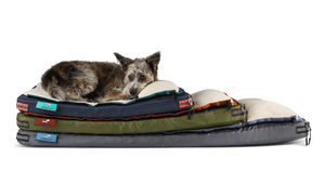 Kashi, our mascot, snuggling against her bolster on a stack of RuffRests, dog bed for small dog