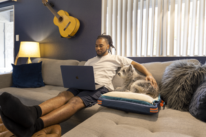 Brandon, our model, lounging at home in casual clothes, with his dog sitting on her RuffRest, next to him, staring into his laptop screen, dog beds for large dogs, dog bed for small dogs