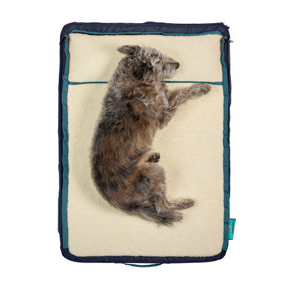 top view of small dog laying on Sherpa fleece, on medium blue dog bed, dog beds for large dogs, best dog beds for small dogs, dog sleeping in bed