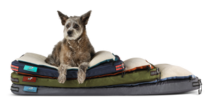 Kashi the Timberdog Mascot laying on a colorful stack of RuffRest pet beds, dog bed for small dog, pet beds, pet bed, dog pillow