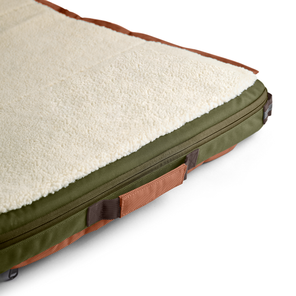 Large dog bed, military, olive, or army green with rust trim, teak accents, and cream or white colored fleece. Perfect pet bed for camping or blending into nature. Our camptastic colorway, best dog beds for small dogs, dog beds for large dogs