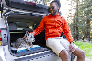 Man petting his dog, while sitting in the back of his SUV with the trunk open. His dog is staring out while relaxing on her blue RuffRest pet bed, dog beds for large dogs, dog bed for small dogs