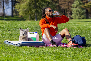Young man sitting on checkered blanket atop green grass at the park, drinking from a water bottle in the sun, with his dog next to him on a medium grey RuffRest pet bed, dog beds for large dogs, dog bed for small dogs