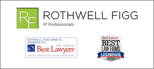 Logo of Rothwell Figg Ernst and Manbeck, an intellectual property firm from Washington DC that represents Timberdog, an innovative pet product company. Underneath the logo are two additional logos displaying Rothwell as one of the best law firms in the US