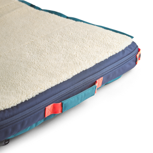 Large dog bed, orion blue with iridescent teal trim, bright orange accents, and cream colored fleece. Our sporty colorway, dog beds for large dogs, best dog beds for small dogs