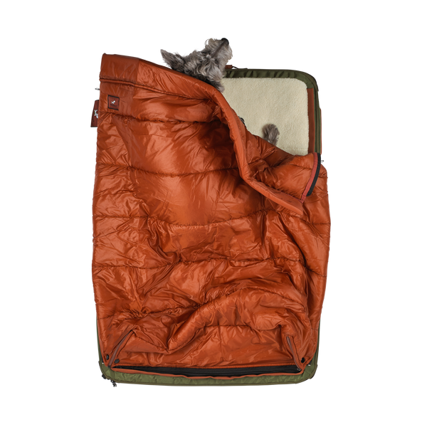 Kashi the dog sleeping comfortably in her rust or brown colored sleeping bag for dogs and pets, a patented feature of the RuffRest travel dog bed, best dog beds for small dogs, dog beds for large dogs, dog sleeping in bed